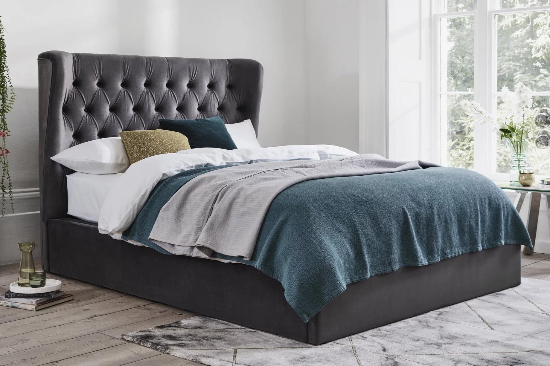Calypso Velvet Smoke Ottoman Bed - Dante Furniture