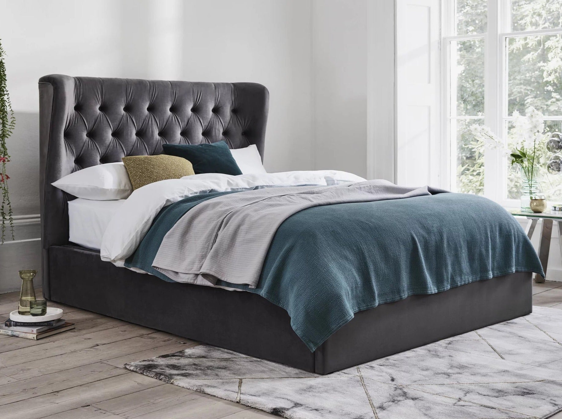 Calypso Velvet Smoke Ottoman Bed - Dante Furniture