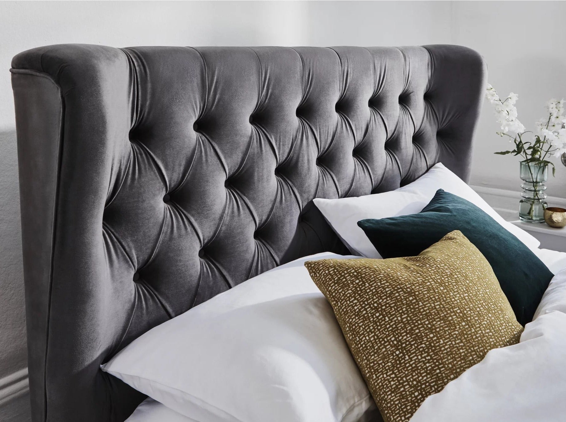 Calypso Velvet Smoke Ottoman Bed - Dante Furniture