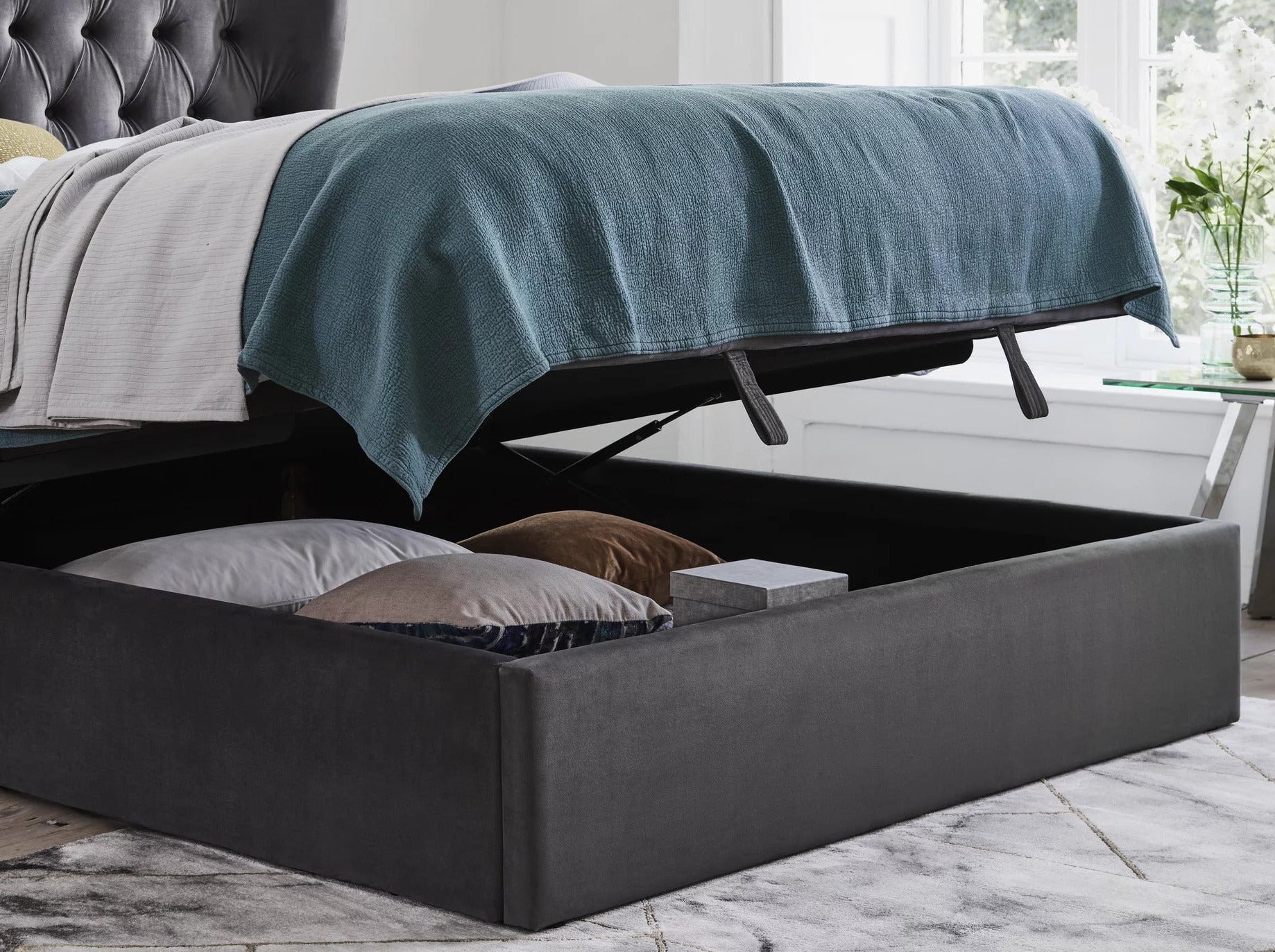 Calypso Velvet Smoke Ottoman Bed - Dante Furniture