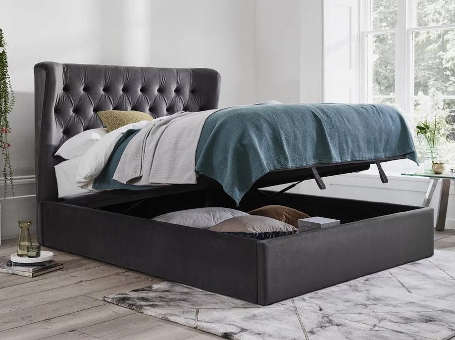 Calypso Velvet Smoke Ottoman Bed - Dante Furniture