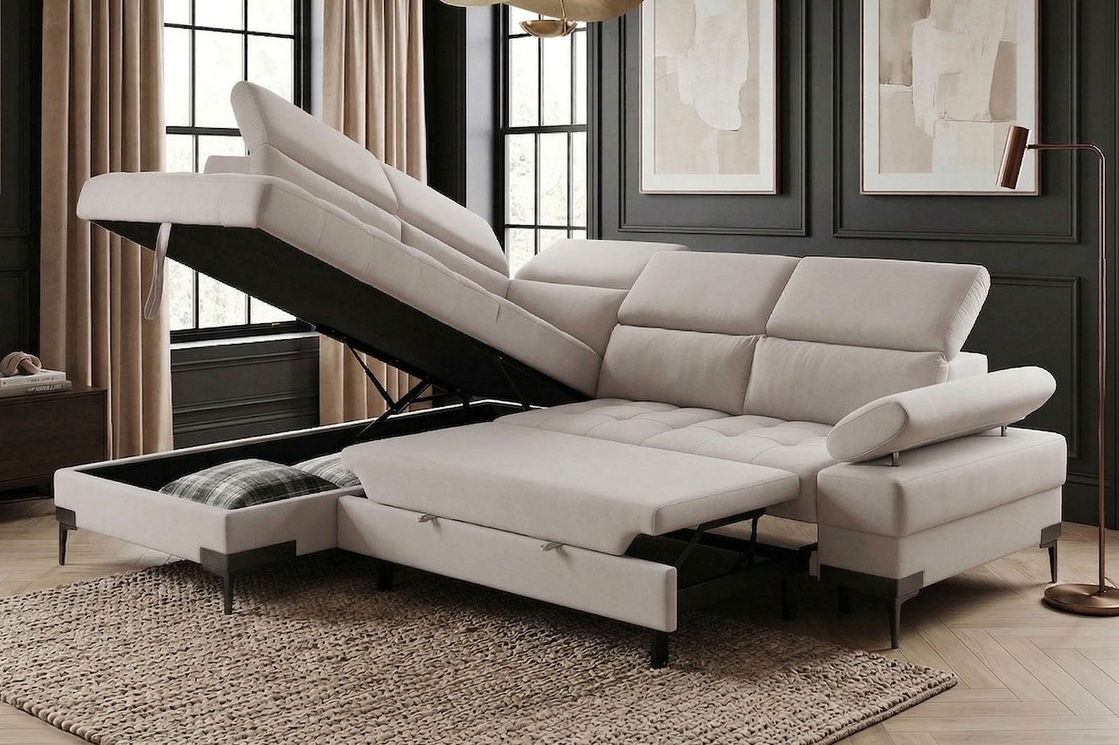 Cassia Corner Sofa Bed Beige Fabric - LHF - Dante Furniture