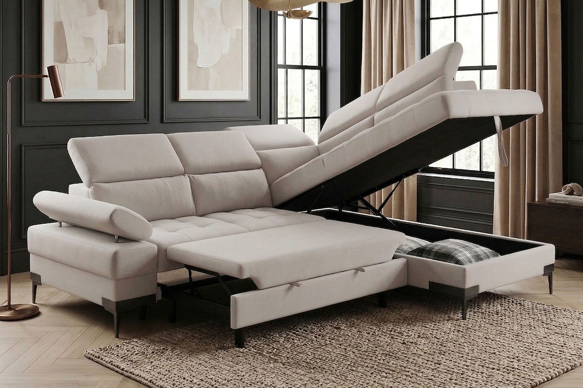 Cassia Corner Sofa Bed Beige Fabric - RHF - Dante Furniture