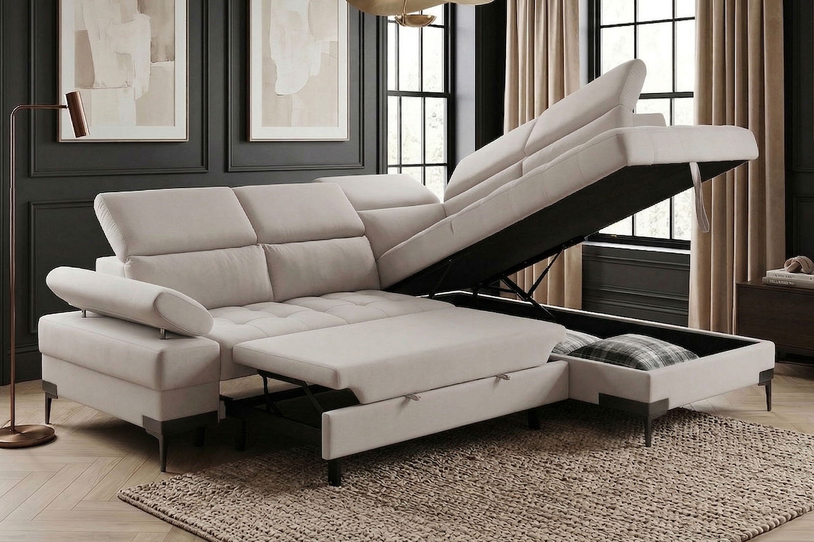 Cassia Corner Sofa Bed Beige Fabric - RHF - Dante Furniture