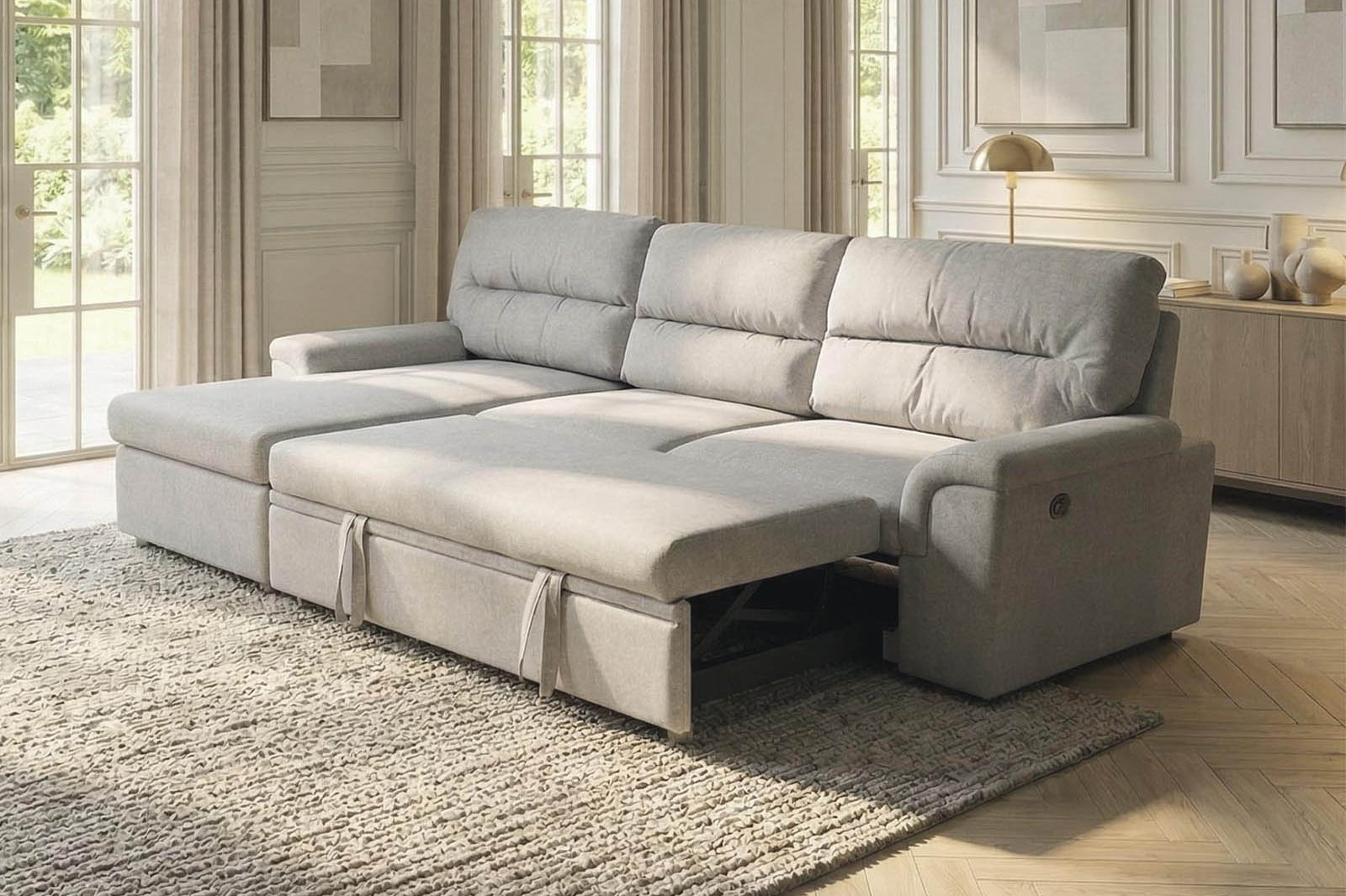 Light grey fabric corner sofa bed in left hand facing configuration with firm feel cushioning