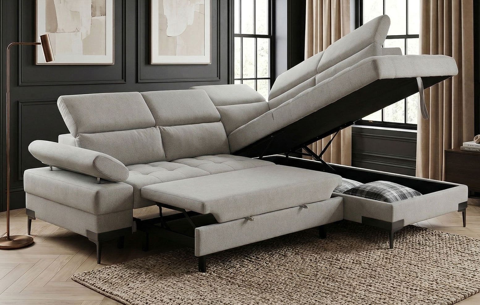 Cassia Corner Sofa Bed Grey Fabric - RHF - Dante Furniture