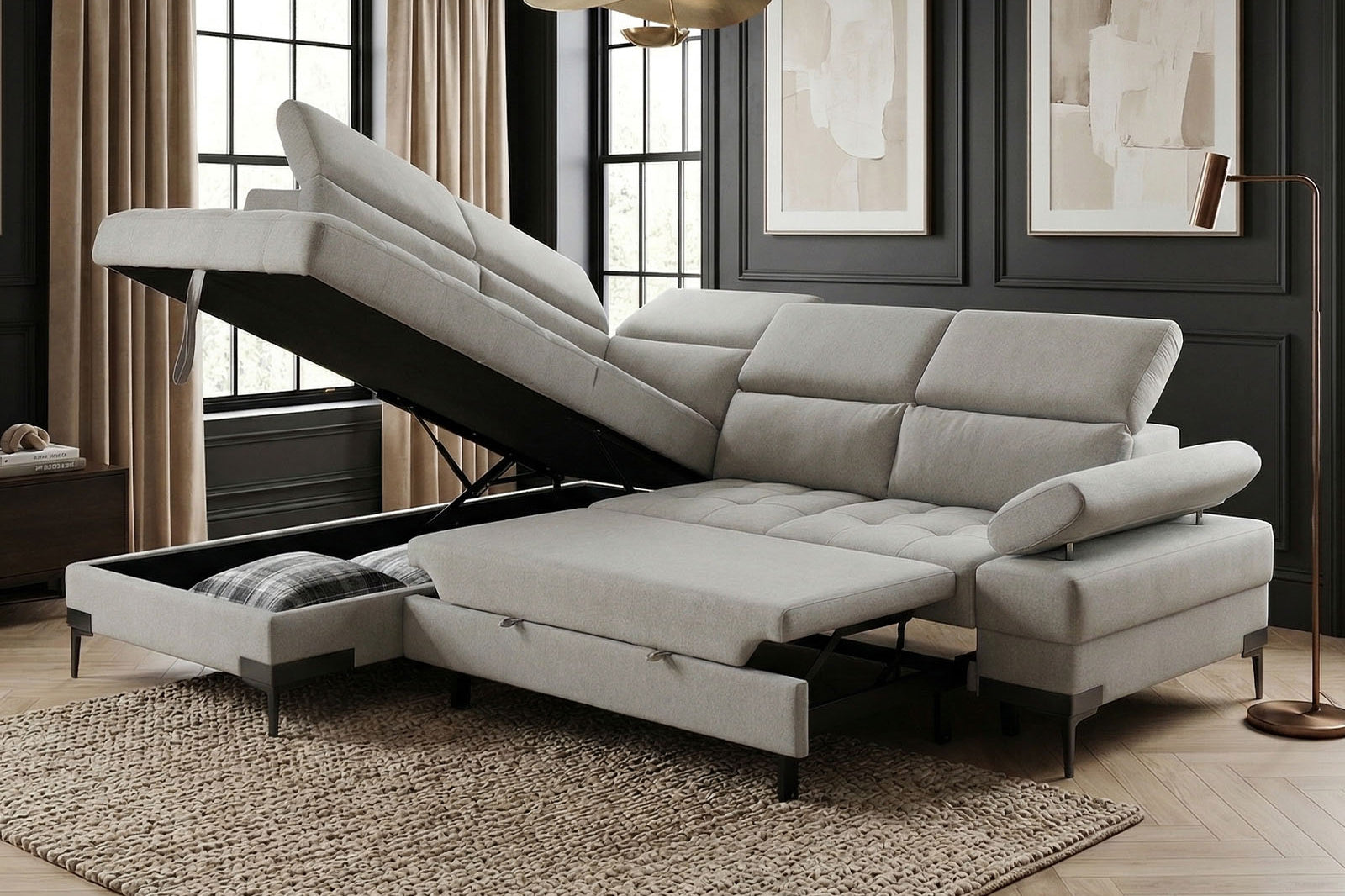 Cassia Corner Sofa Bed Grey Fabric - LHF - Dante Furniture