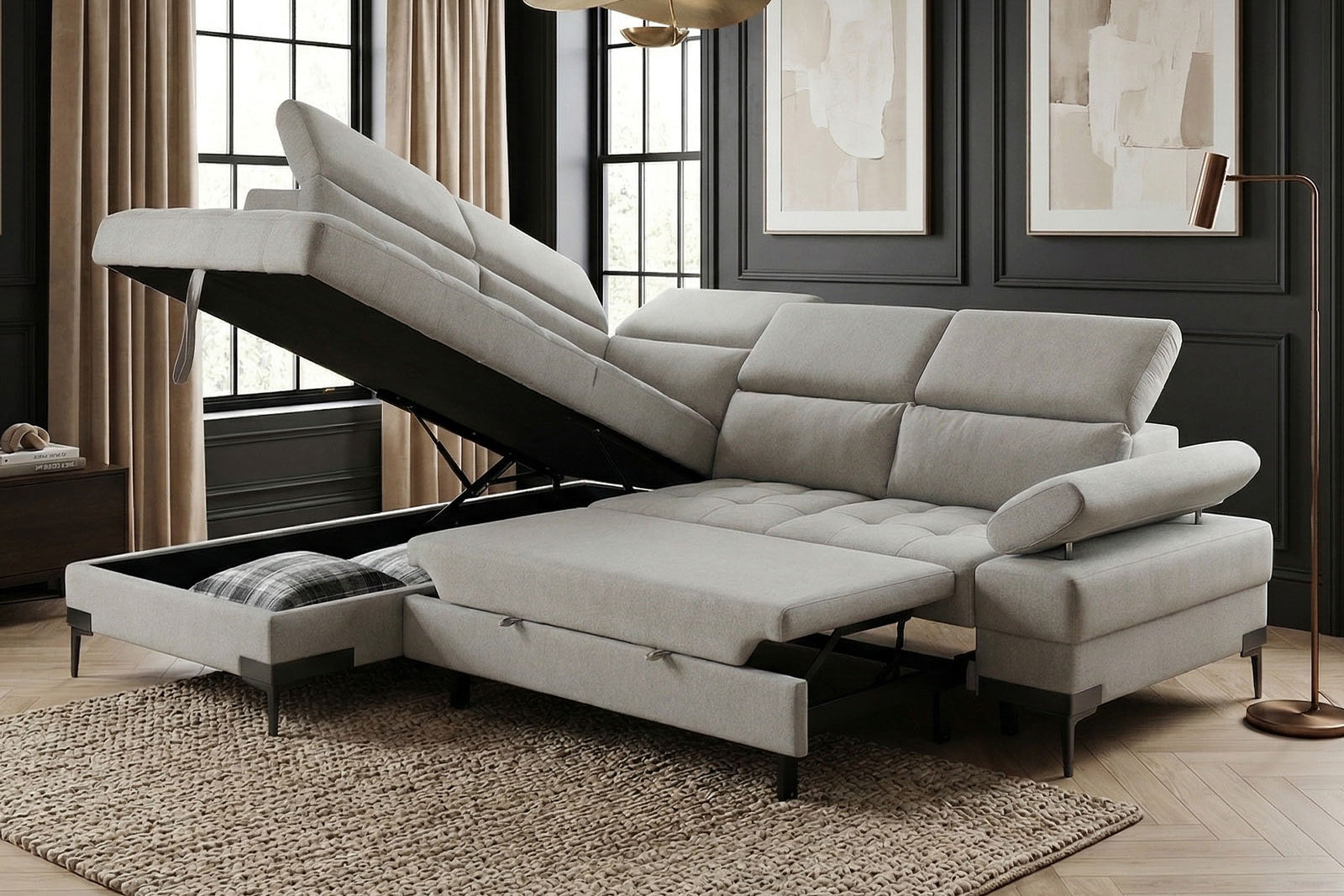 Cassia Corner Sofa Bed Grey Fabric - LHF - Dante Furniture