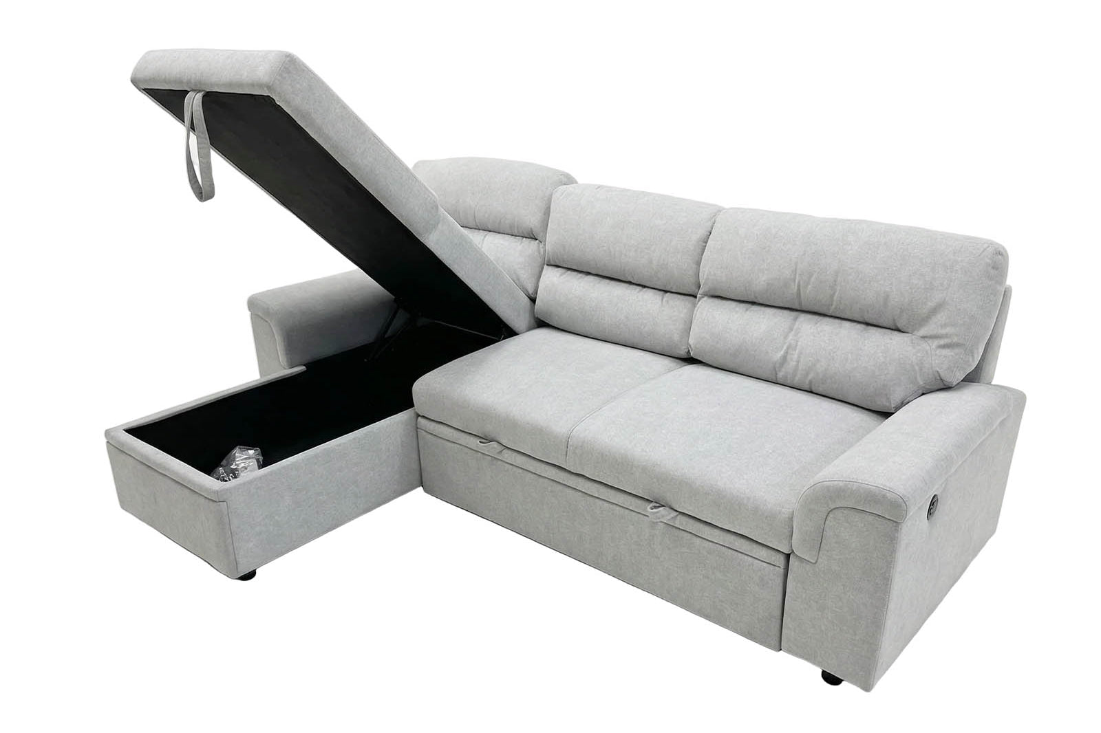 Light grey fabric corner sofa bed in left hand facing configuration with firm feel cushioning - Storage open