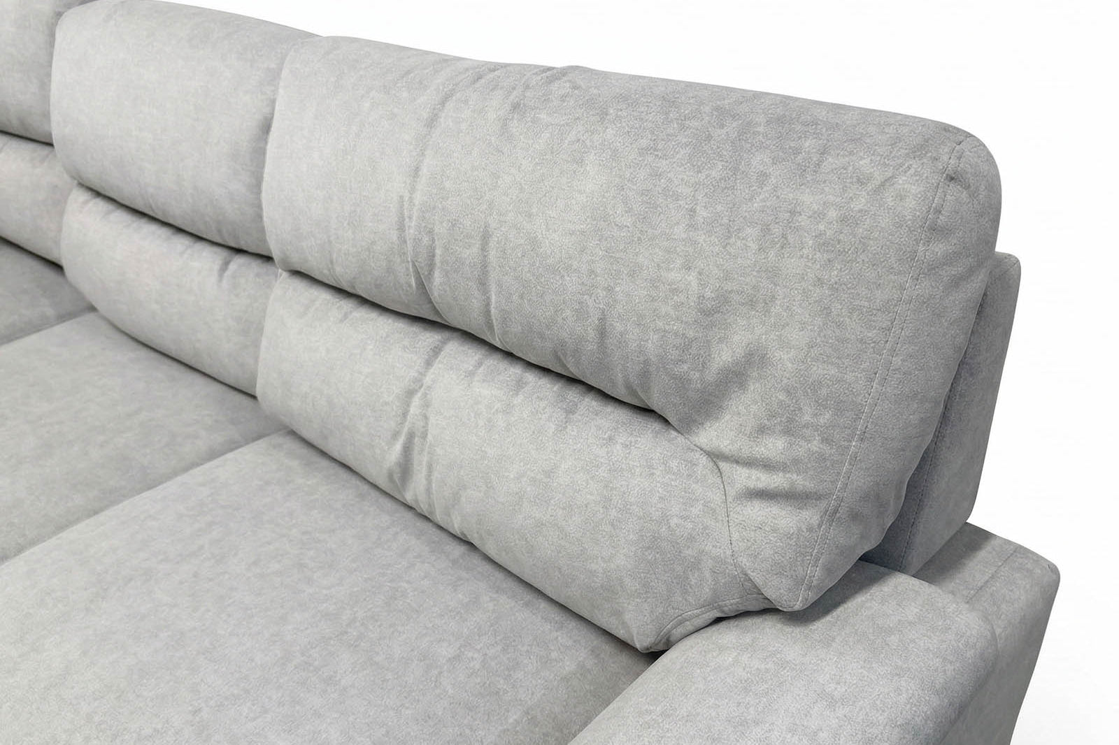 Light grey fabric corner sofa bed in left hand facing configuration with firm feel cushioning CLOSE UP