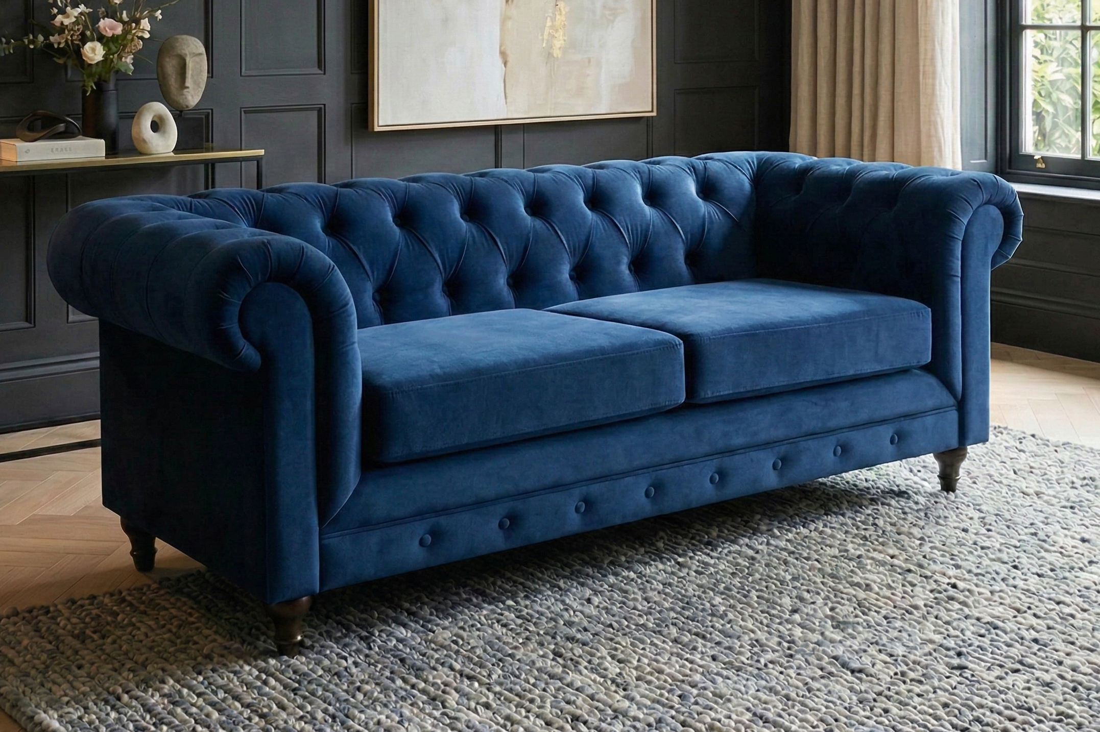 dante furniture chesterfield 2 seater blue plush fabric Blue tufted sofa in a living room setting with a rug and wall art.