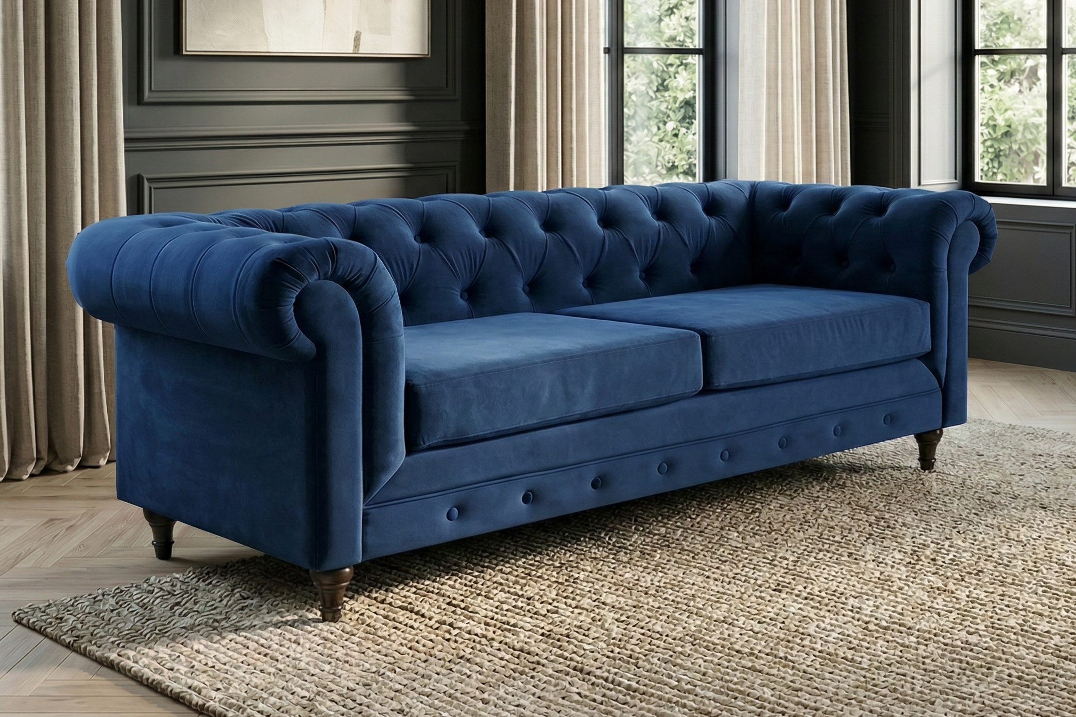 dante furniture chesterfield blue 3 seater sofa Blue tufted sofa in a room with large windows and decorative elements.
