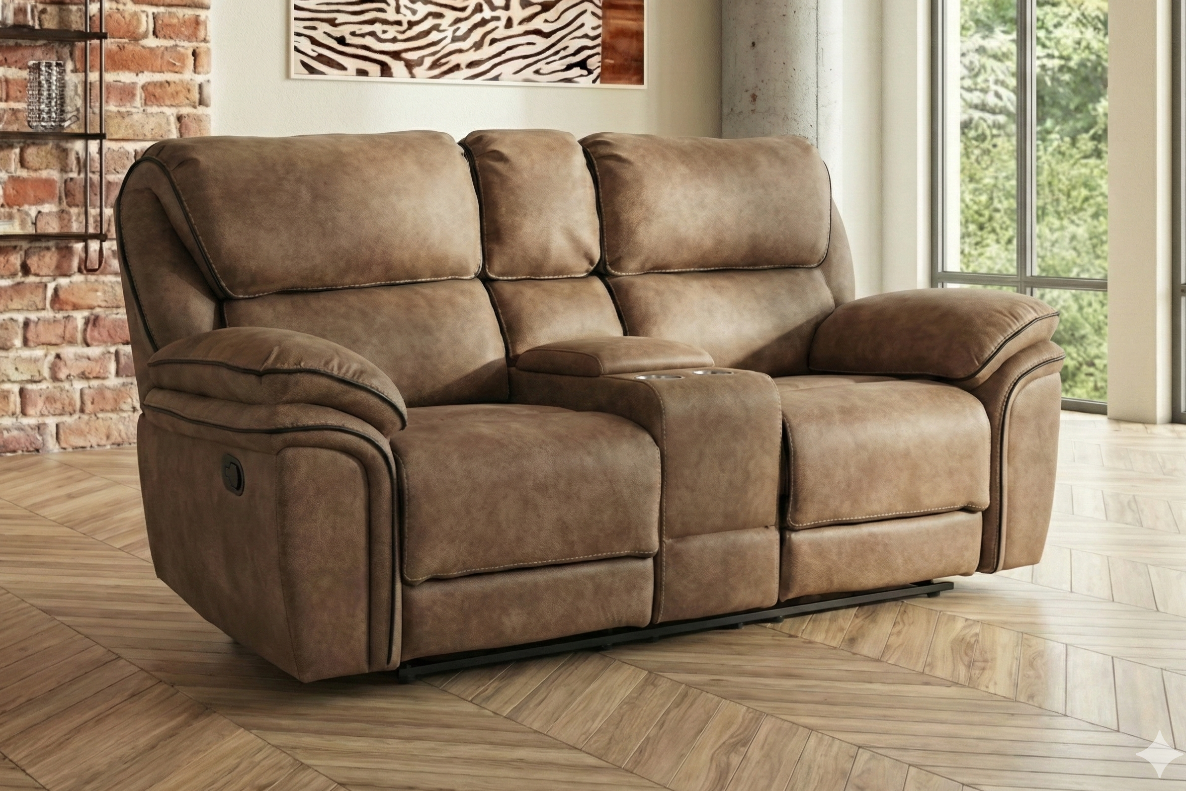 dante furniture monaco brown 2 seater console with manual recliner life style pic