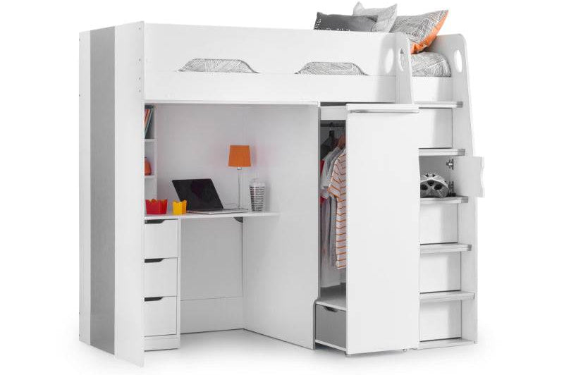 Pegasus white high sleeper bed with desk and wardrobe