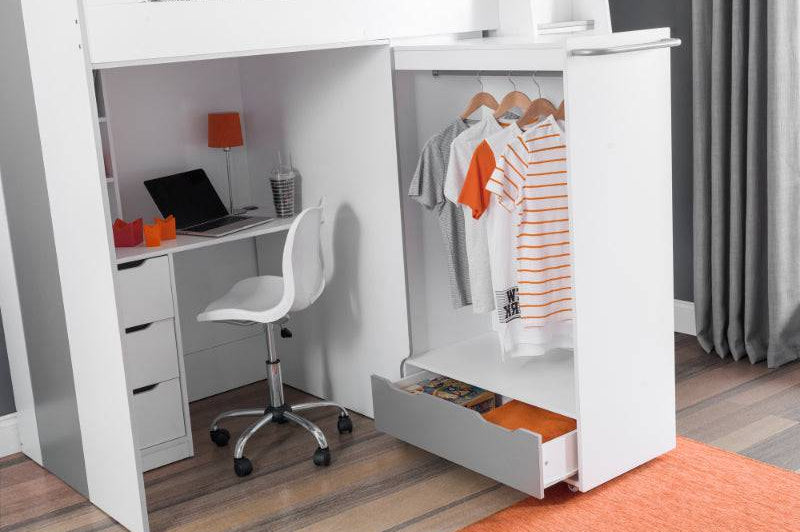Pegasus white high sleeper with pull-out wardrobe open