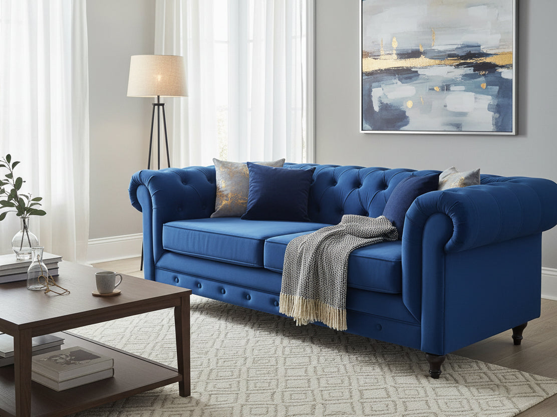 Chesterfield 3 Seater - Plush Blue - Dante Furniture