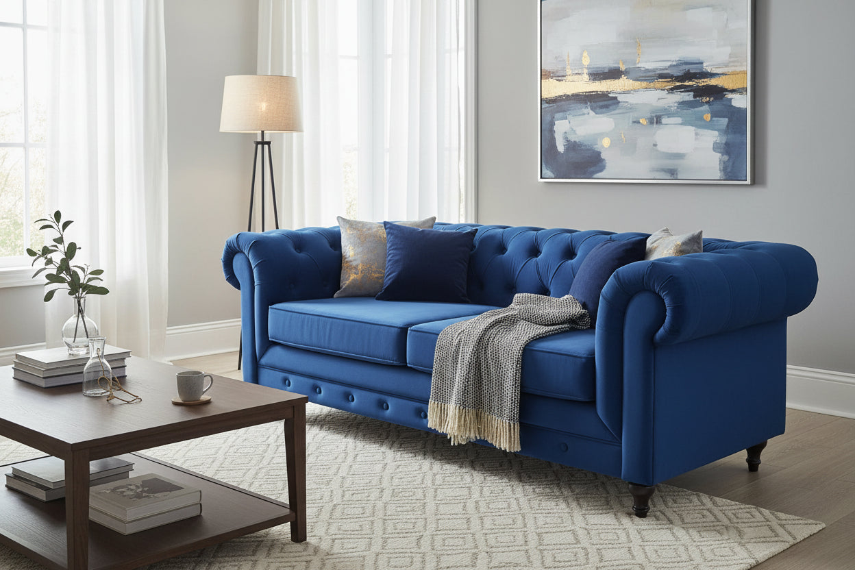 Chesterfield 3 Seater - Plush Blue - Dante Furniture
