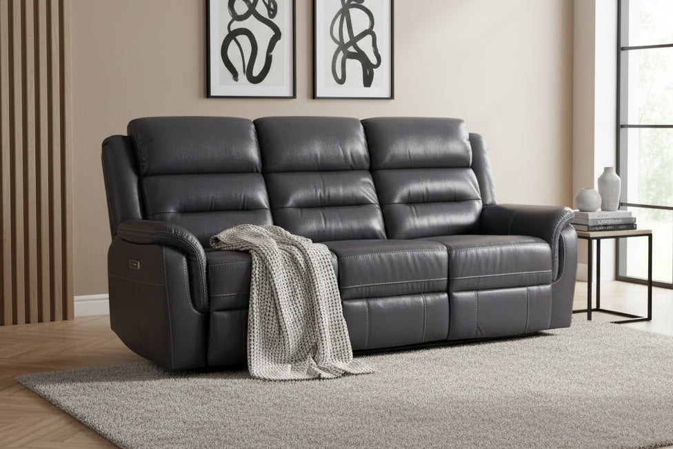 Turin 3 Seater Leather Recliner Sofa - Grey - Dante Furniture