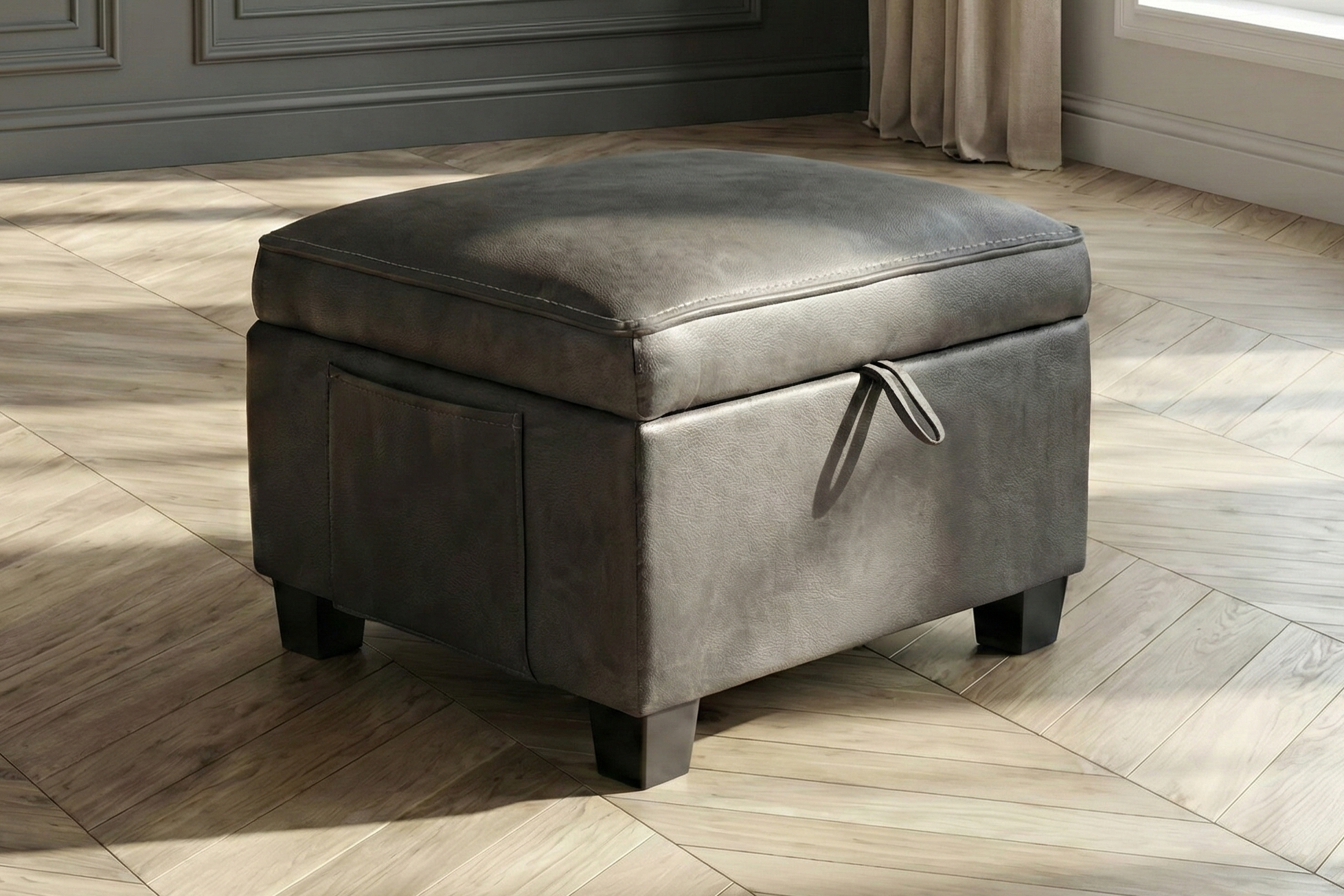 monaco grey storage footstool. Dante Furniture Gray storage ottoman in a room with wooden flooring and a window.
