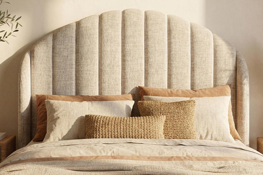 Santorini bed frame in cream chenille with arched headboard