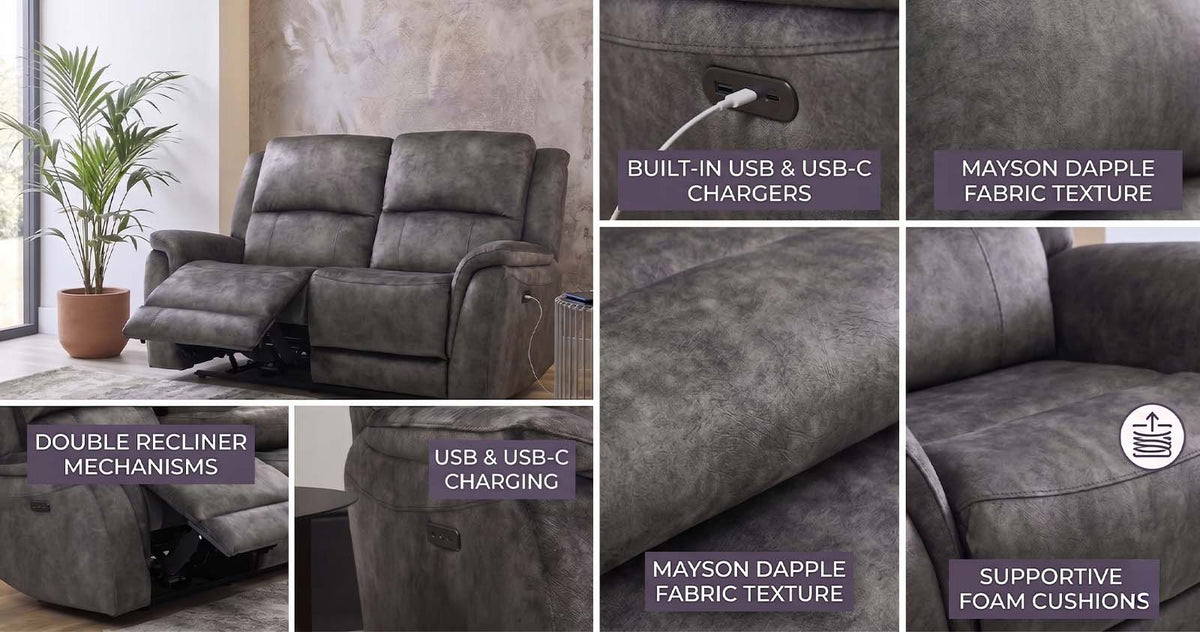 Dylan 2 Seater Power Recliner Sofa - Grey - Dante Furniture - image 2