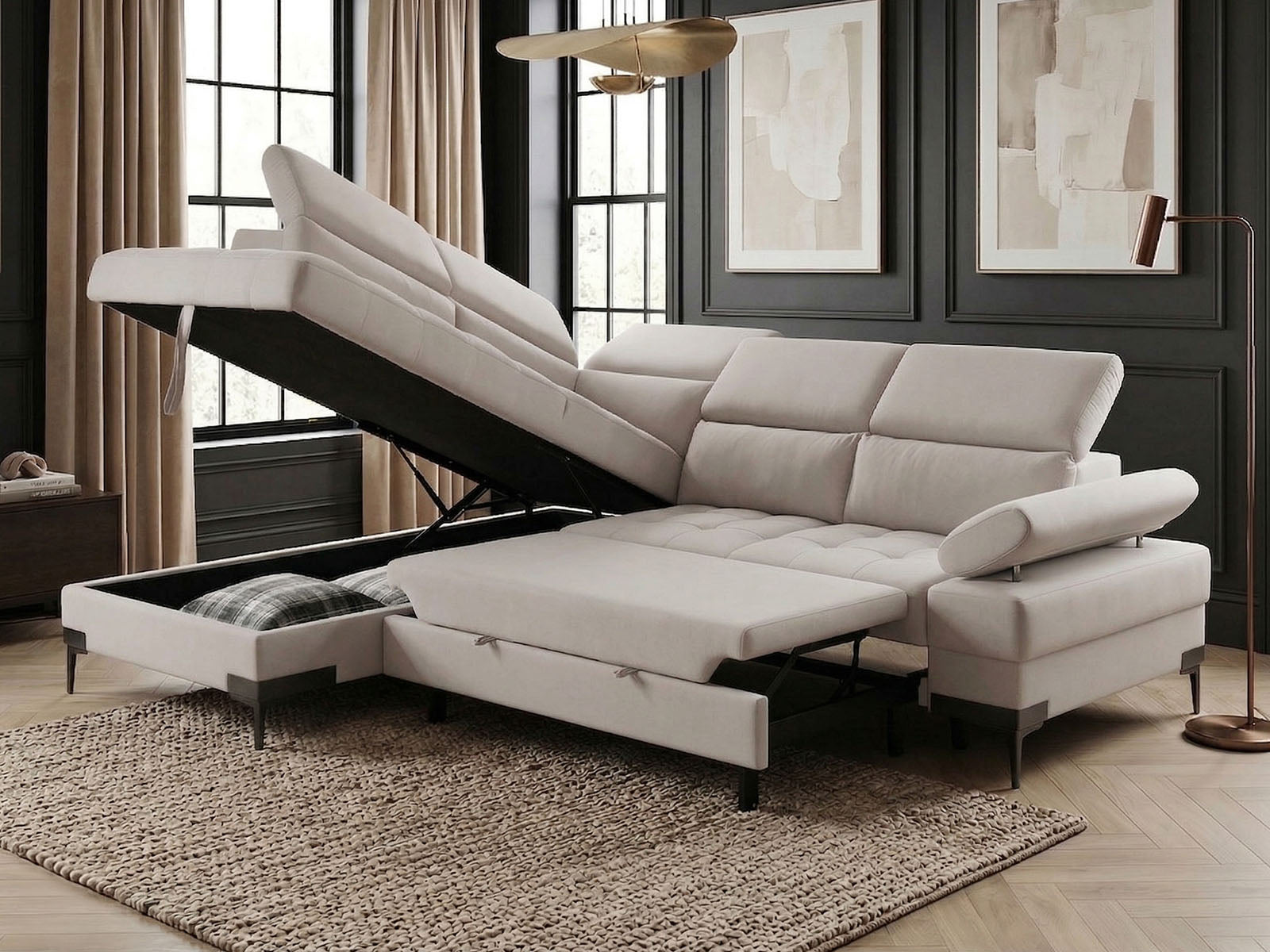 Cassia Corner Sofa Bed Beige Fabric - LHF - Dante Furniture