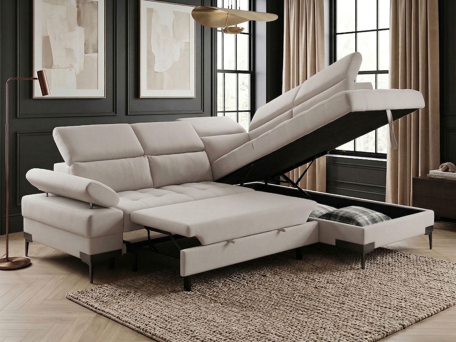 Cassia Corner Sofa Bed Beige Fabric - RHF - Dante Furniture