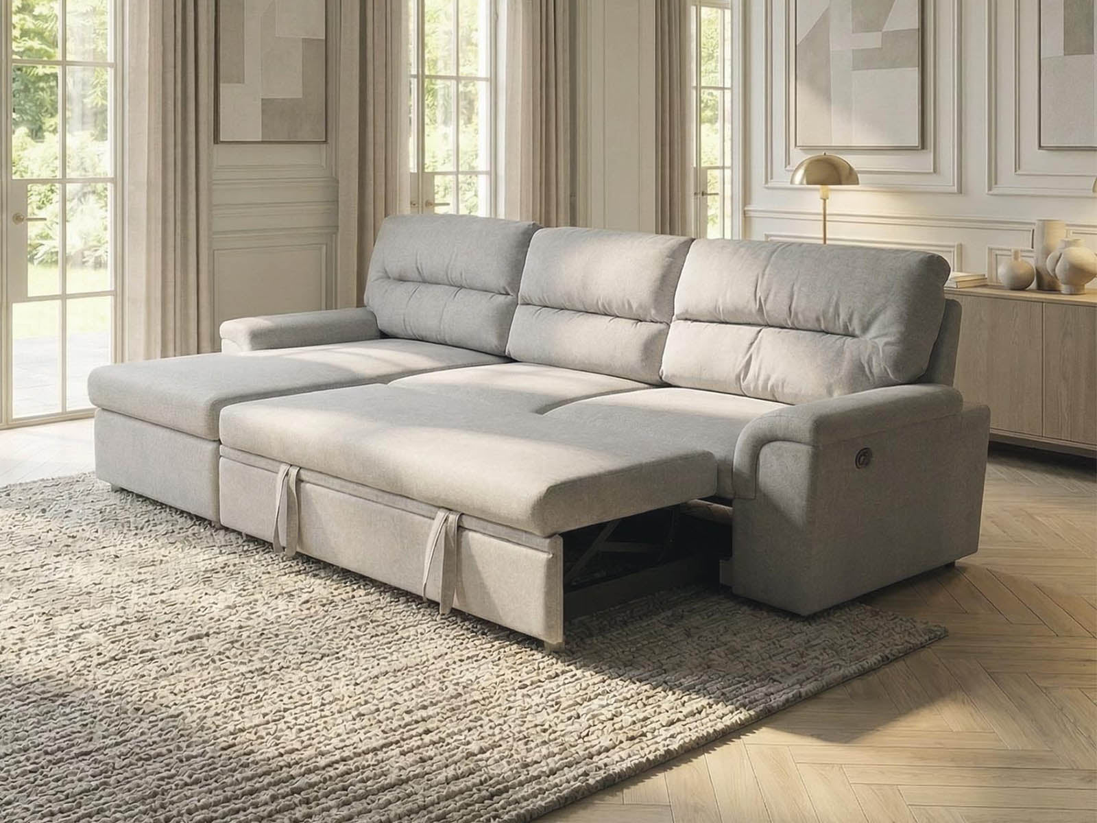 Light grey fabric corner sofa bed in left hand facing configuration with firm feel cushioning