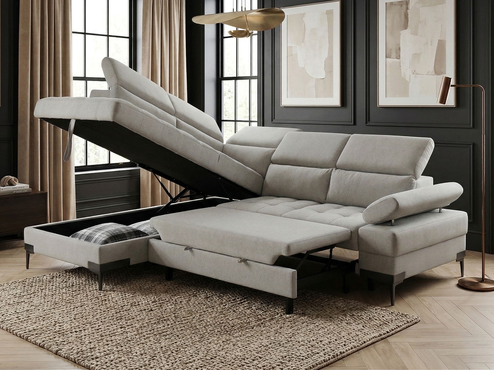 Cassia Corner Sofa Bed Grey Fabric - LHF - Dante Furniture