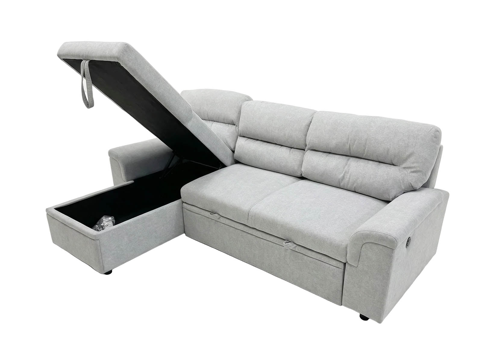 Light grey fabric corner sofa bed in left hand facing configuration with firm feel cushioning - Storage open