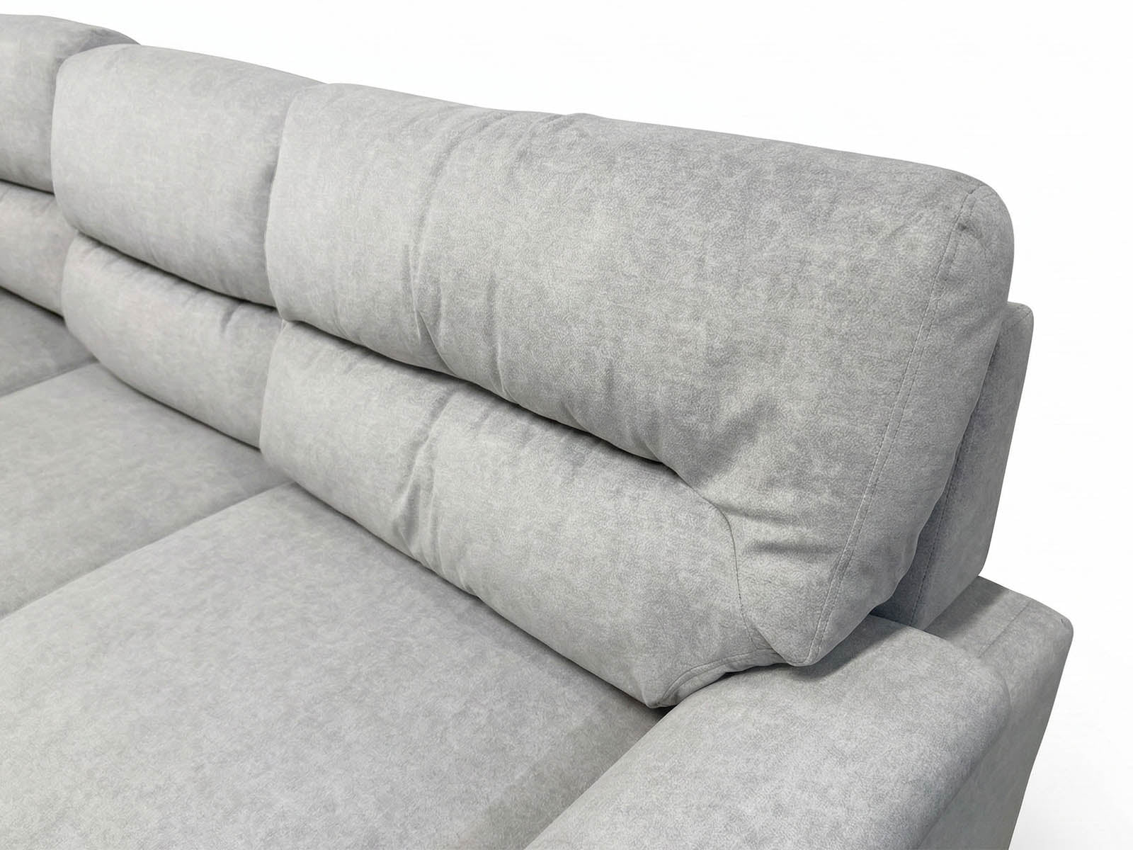 Light grey fabric corner sofa bed in left hand facing configuration with firm feel cushioning CLOSE UP