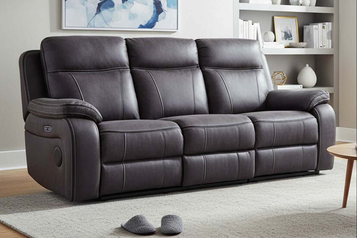 Vinson Pro graphite grey 3 seater smart sofa power recliner in a living room