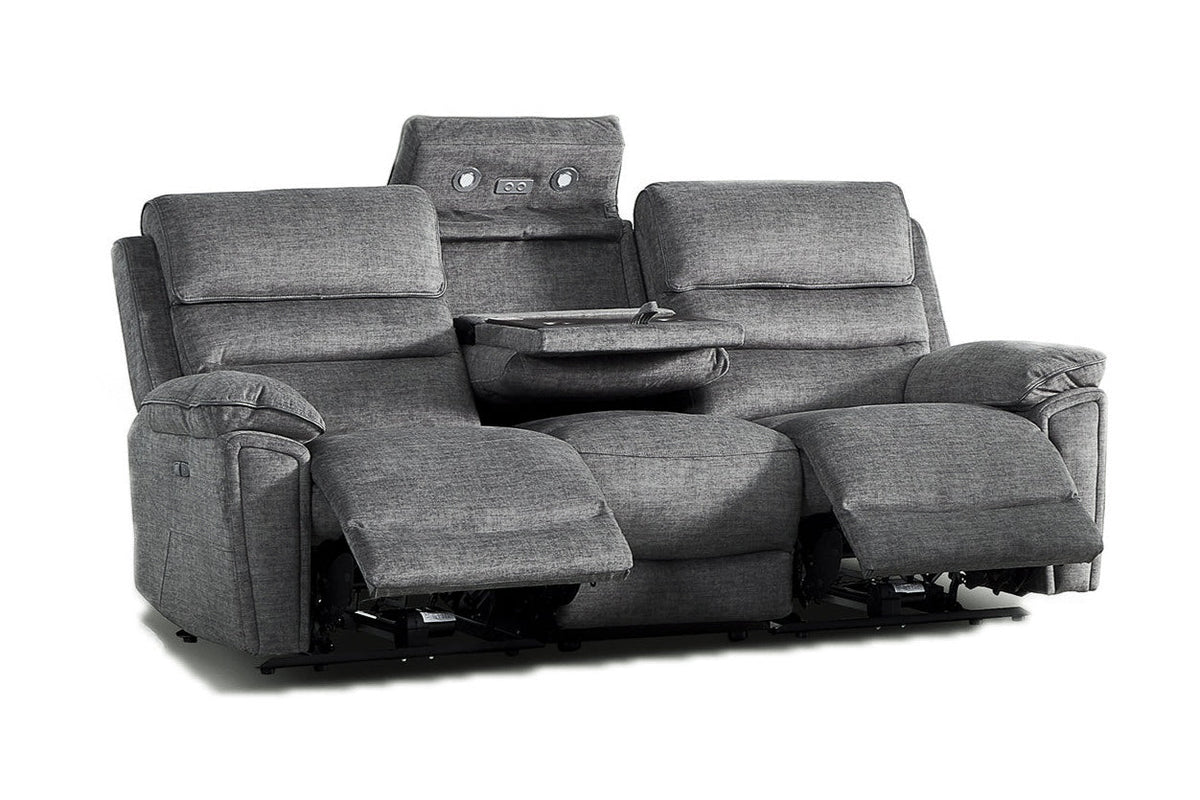 Lawson grey 3 seater power recliner sofa with drop-down table and recliners open