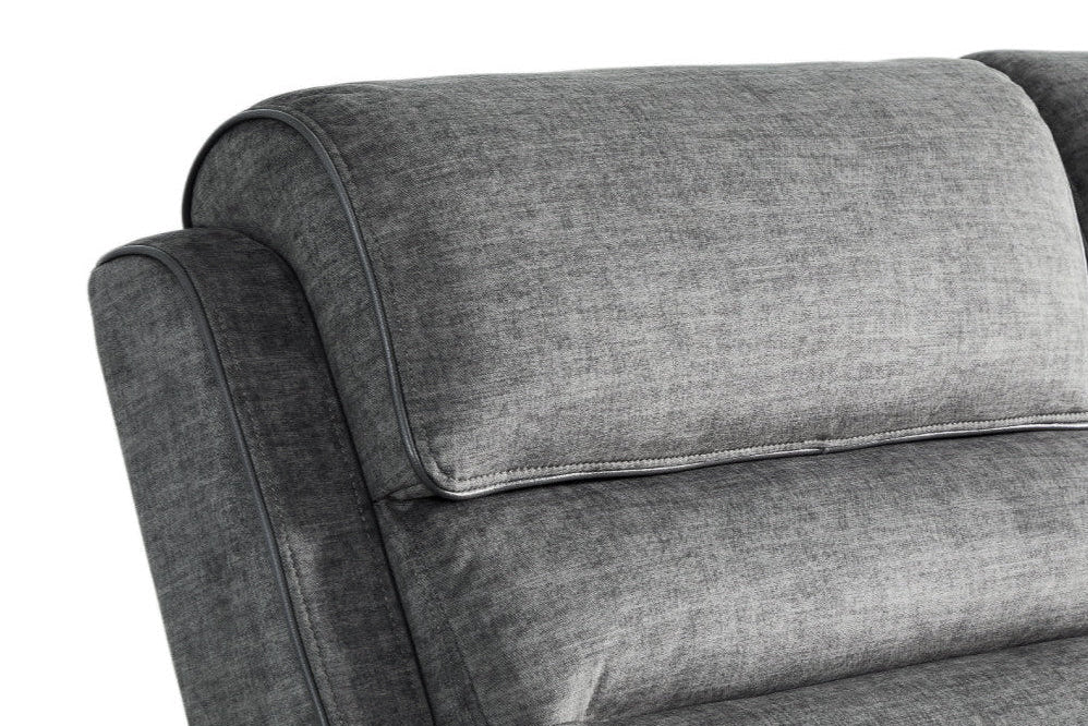 Lawson grey fabric recliner sofa – padded headrest close-up