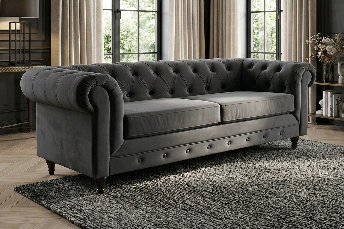 dante furniture 3 seater grey chesterfield sofa