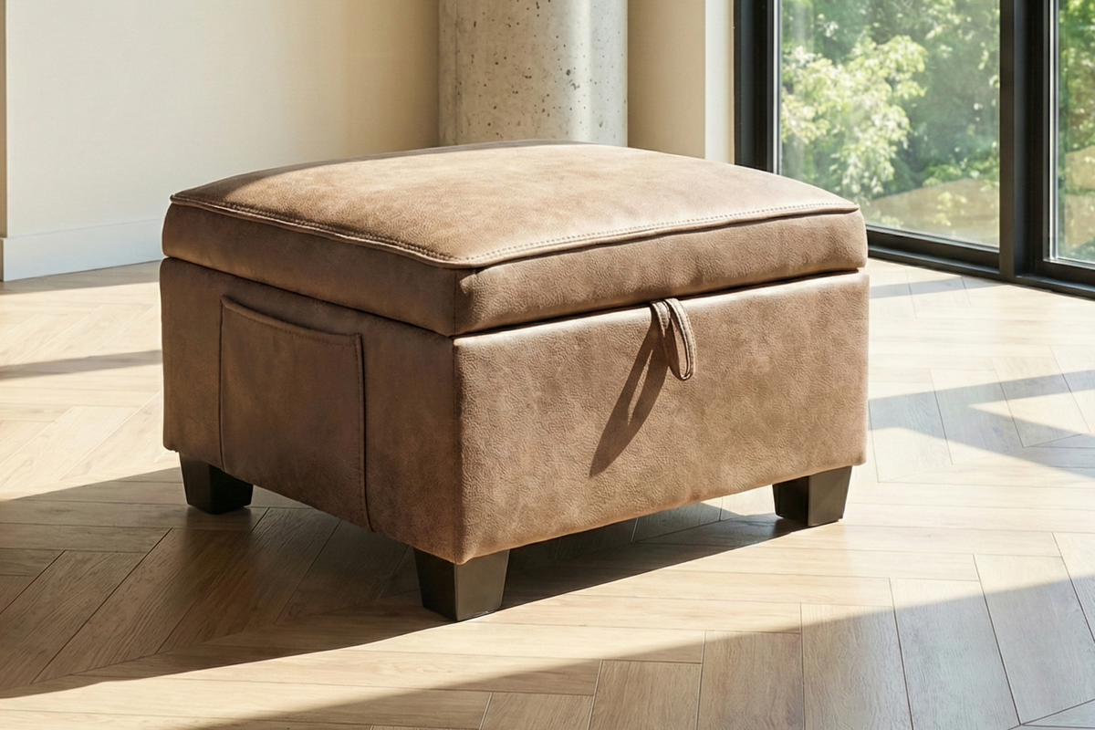Monaco brown storage footstool in a living room
