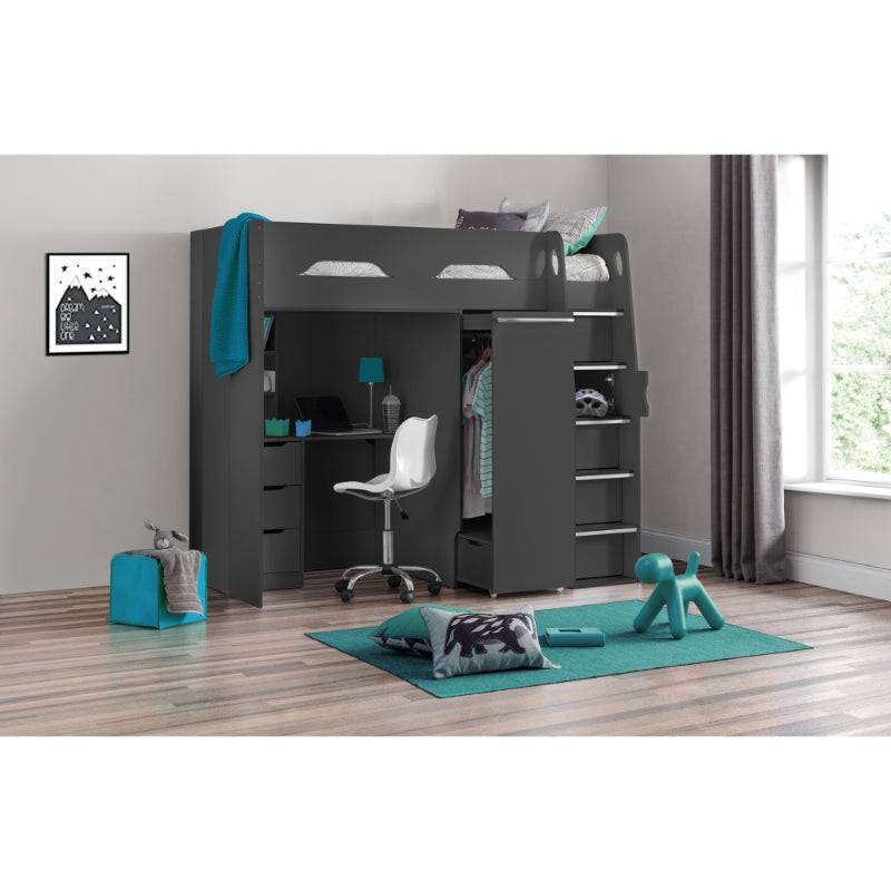 Pegasus High Sleeper Bed with Desk and Wardrobe in Anthracite