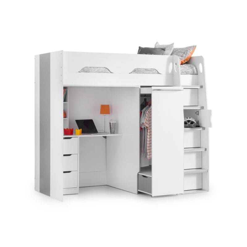 Pegasus white high sleeper bed with desk and wardrobe