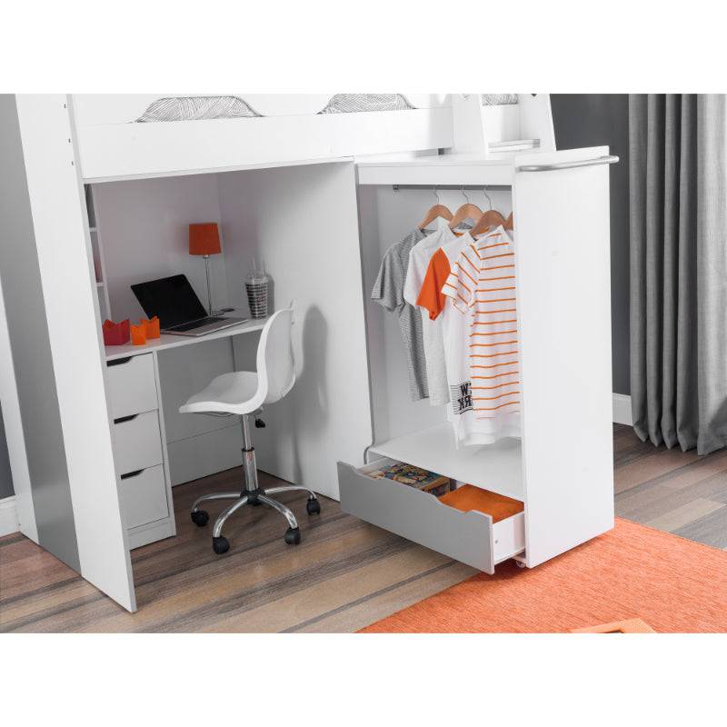Pegasus white high sleeper with pull-out wardrobe open
