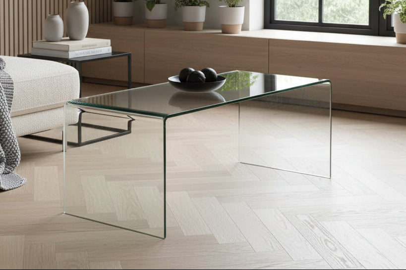 Amalfi bent glass coffee table in a living room