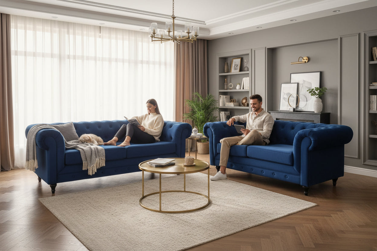 Chesterfield 2 Seater - Plush Blue - Dante Furniture