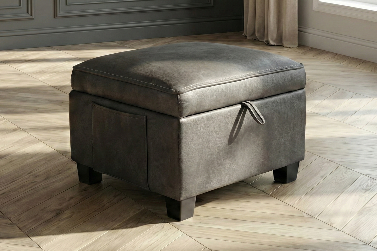 monaco grey storage footstool. Dante Furniture Gray storage ottoman in a room with wooden flooring and a window.