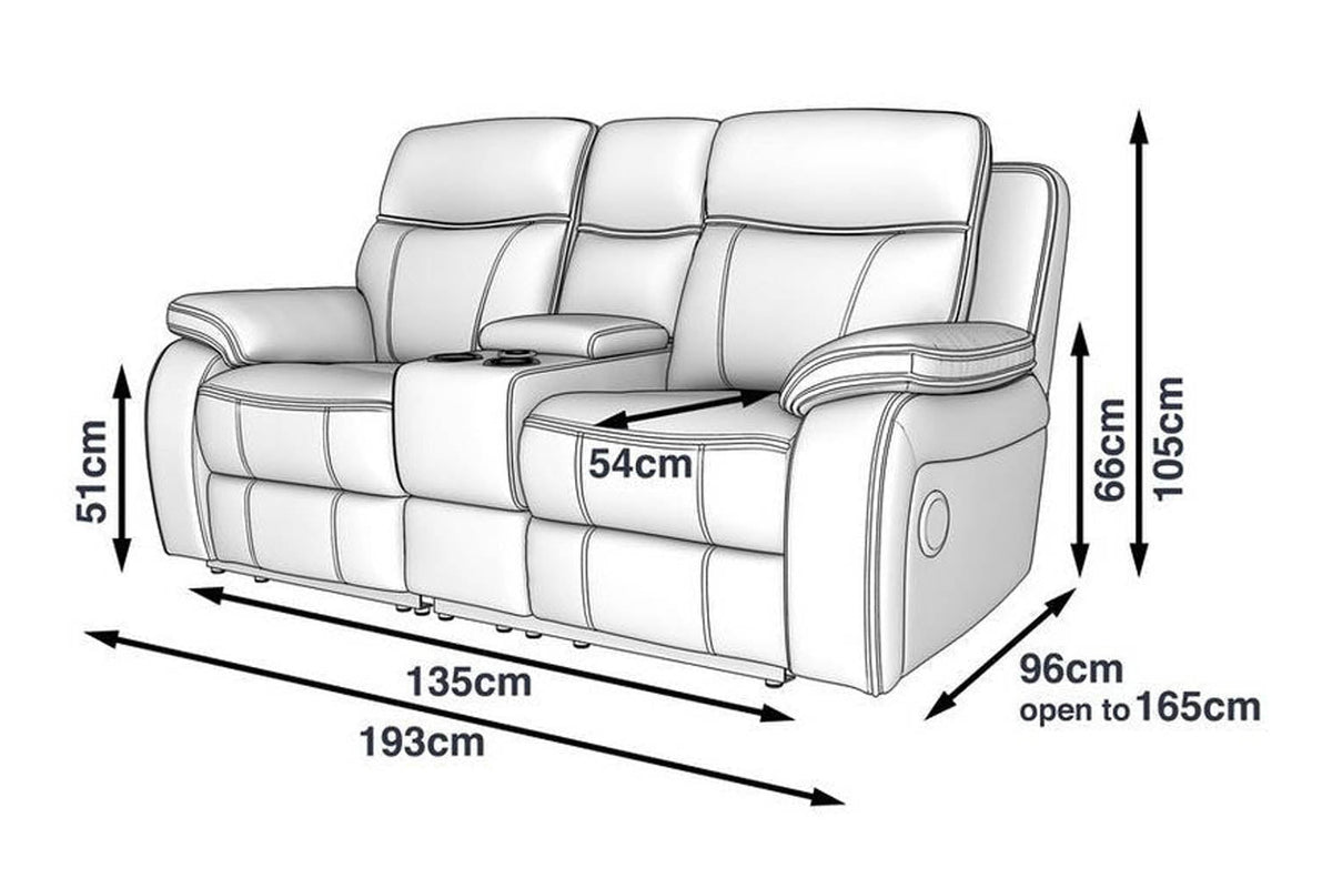 Vinson Pro 2 seater console recliner sofa – dimensions diagram