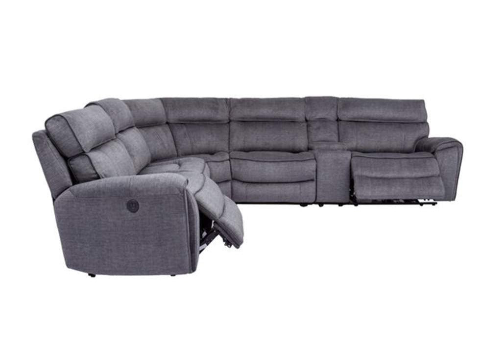 Brooklyn grey corner sofa with recliners open and footrests raised