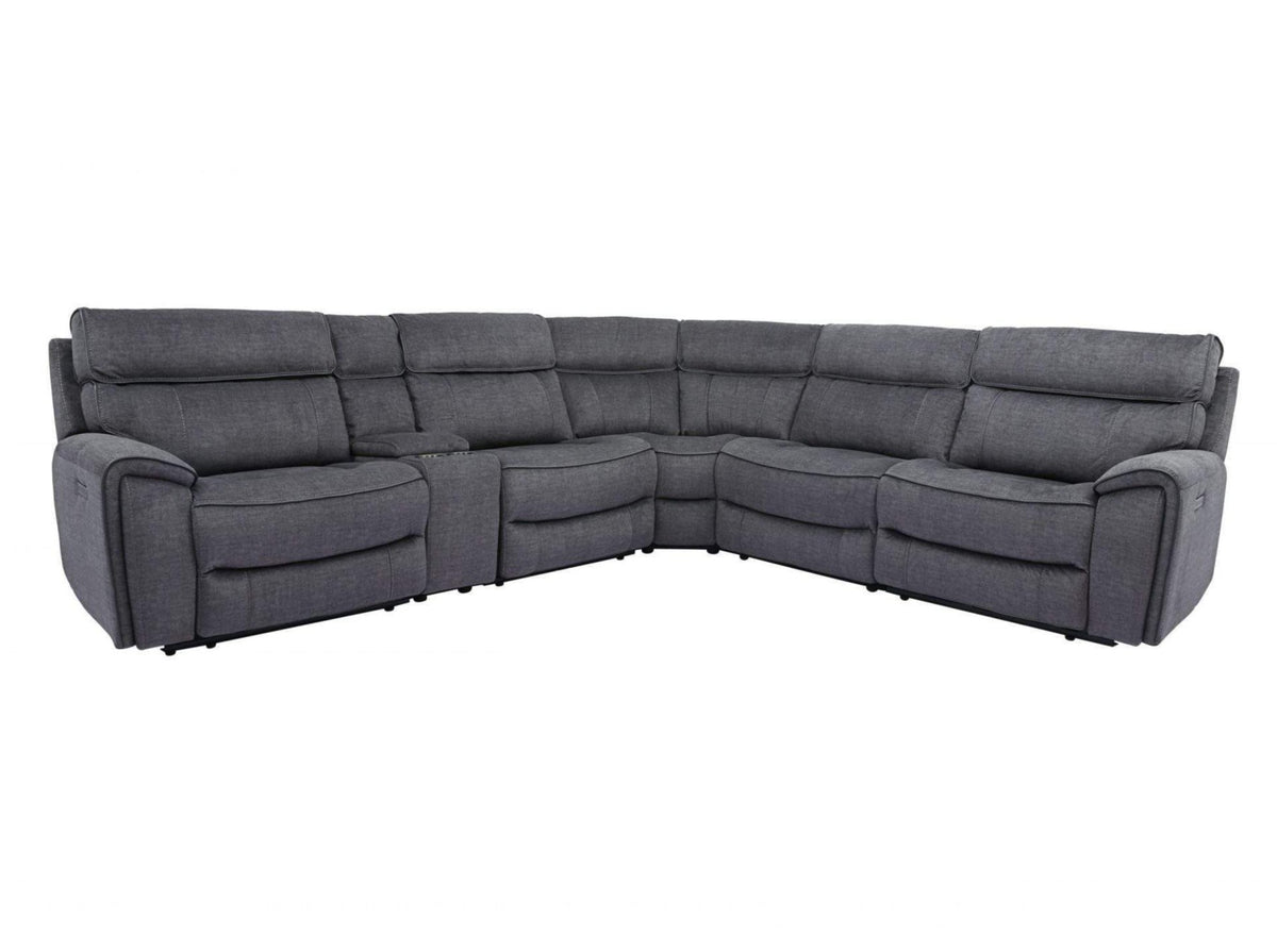 Brooklyn grey fabric corner sofa with recliners and cup holder console - front view